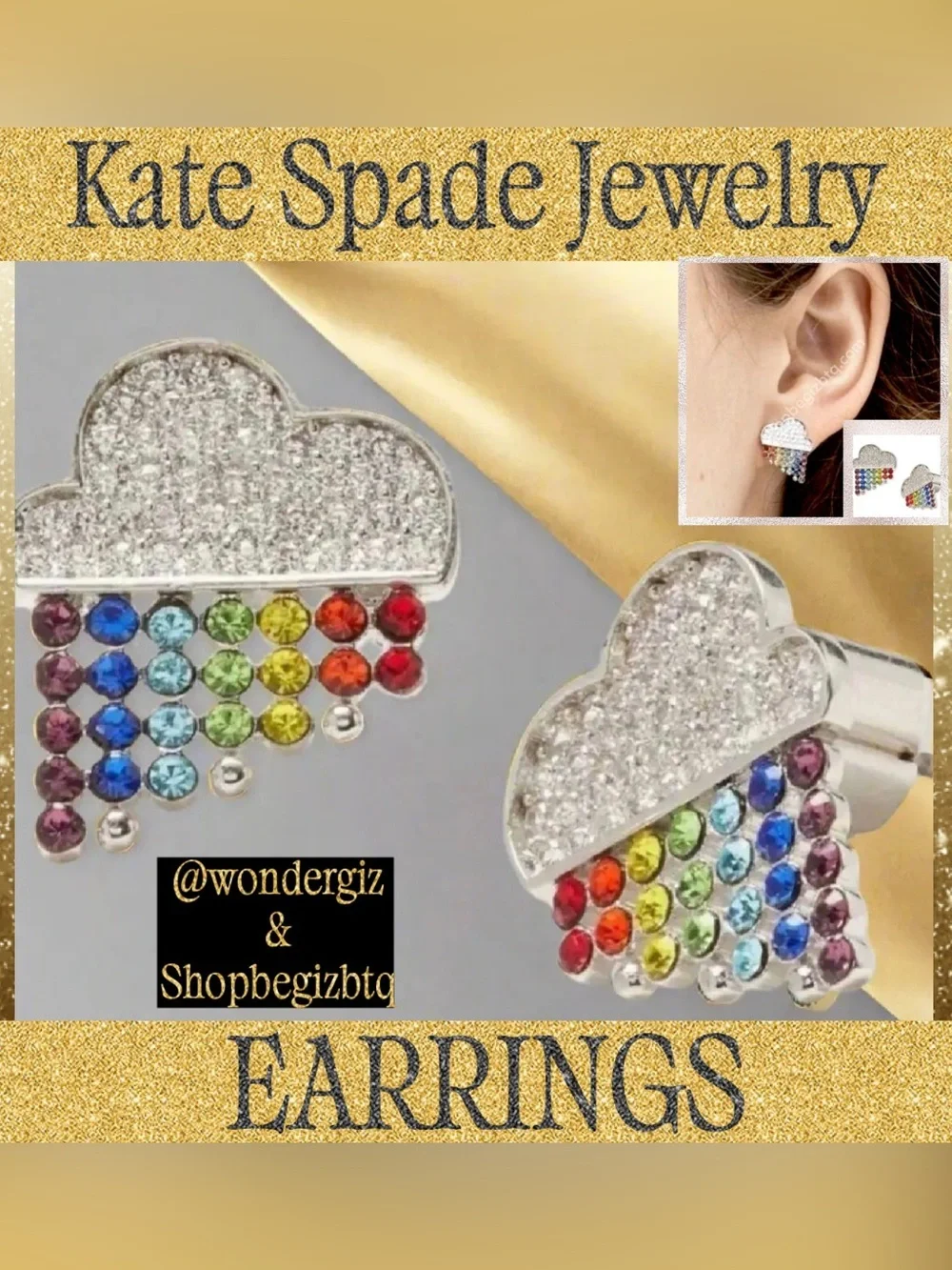 Kate Spade Into The Sky Raining Cloud Earrings Sliver Stud Multicolor Crystals